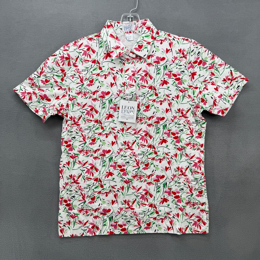 Leon Levin Polo Shirt Womens Floral Short Sleeve White Red Cotton Size M Preppy